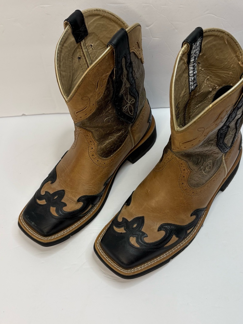 Ariat Fatbaby Western Boots 7B Brown Gold Tooled Leather Black Cowgirl - Picture 3 of 8